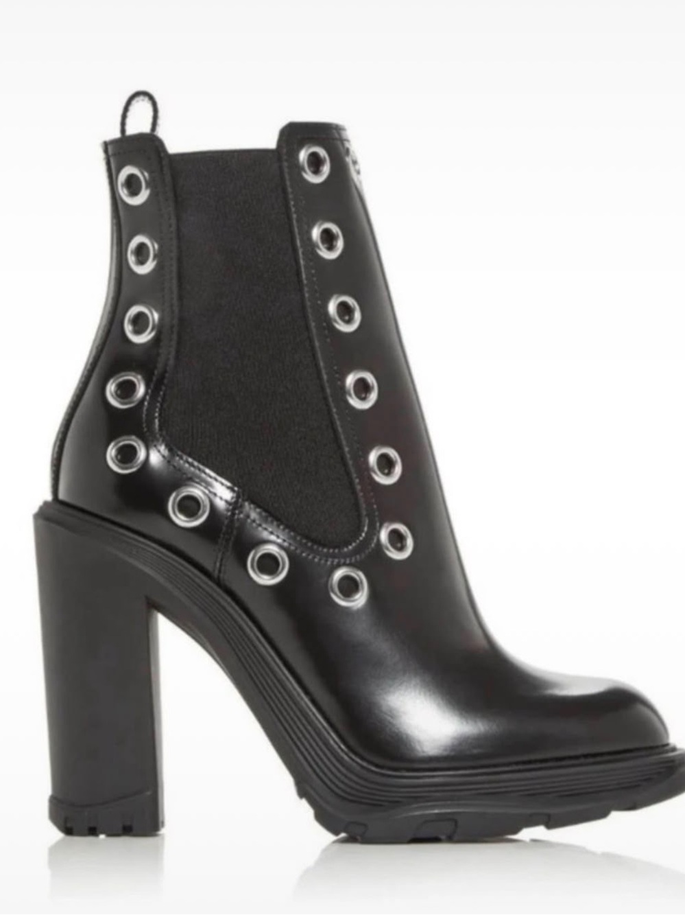 Alexander McQueen Black Heeled Chelsea Boot with Silver Eyelet Accents.